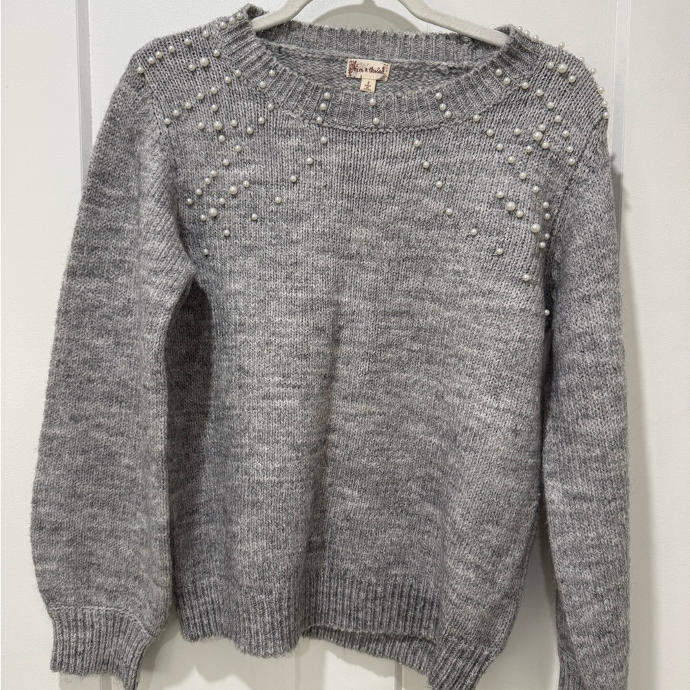 Pearl-Embellished Gray Knit Sweater - Women